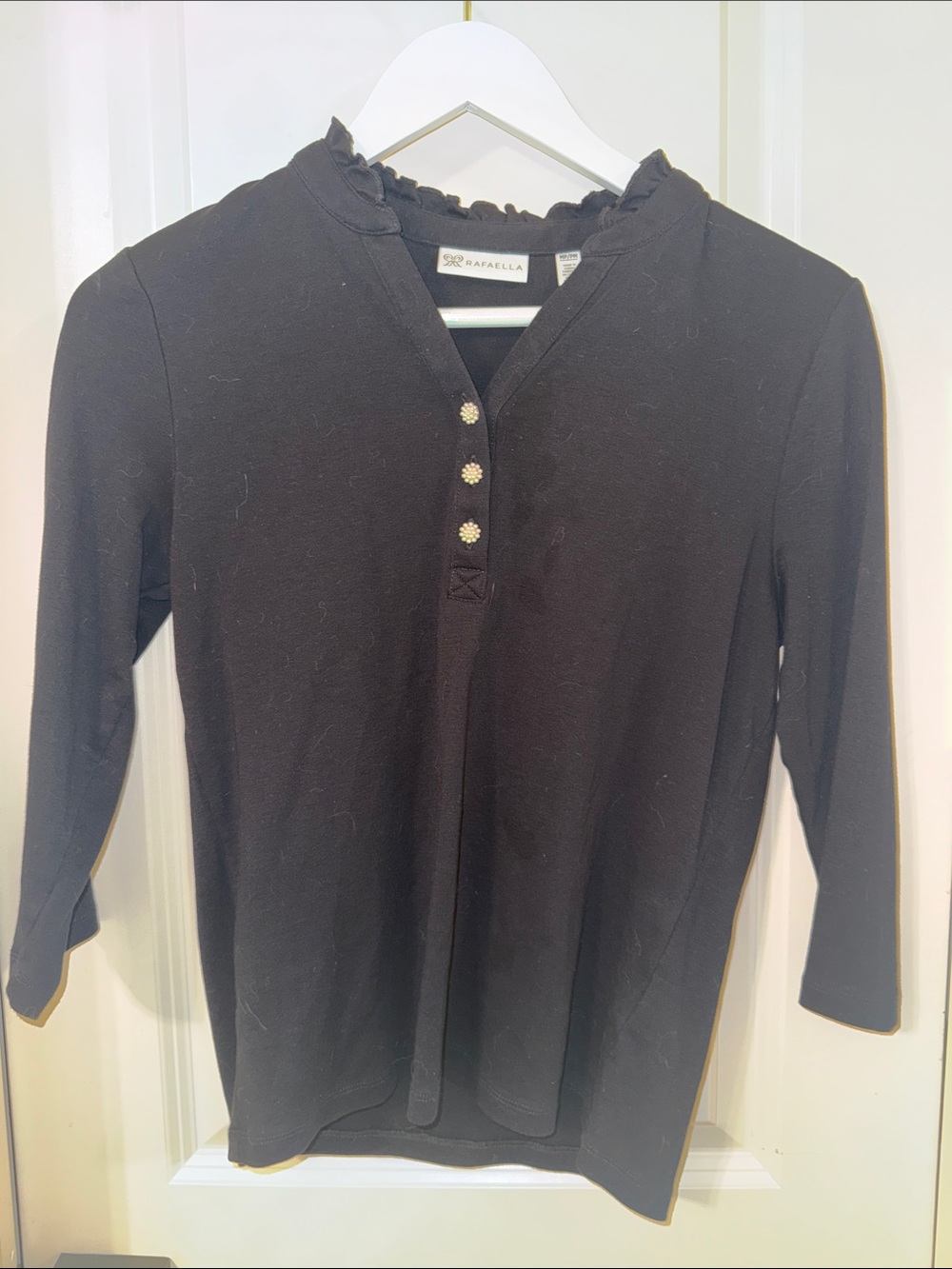 Rafaella Black Long-Sleeve Ruffle Henley Top